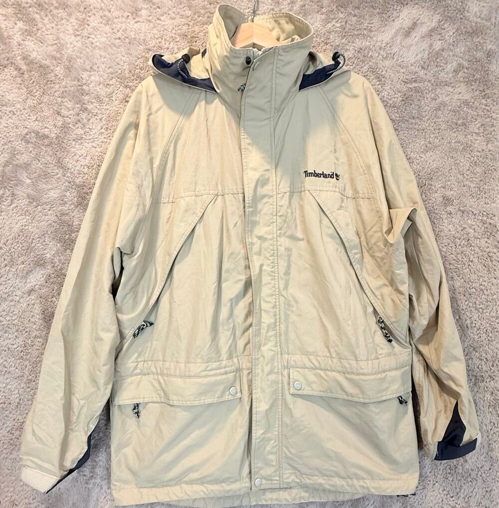 Vintage Timberland Rain Coat Jacket Raincoat Parka M Hood Tan Khaki Blue Y2K